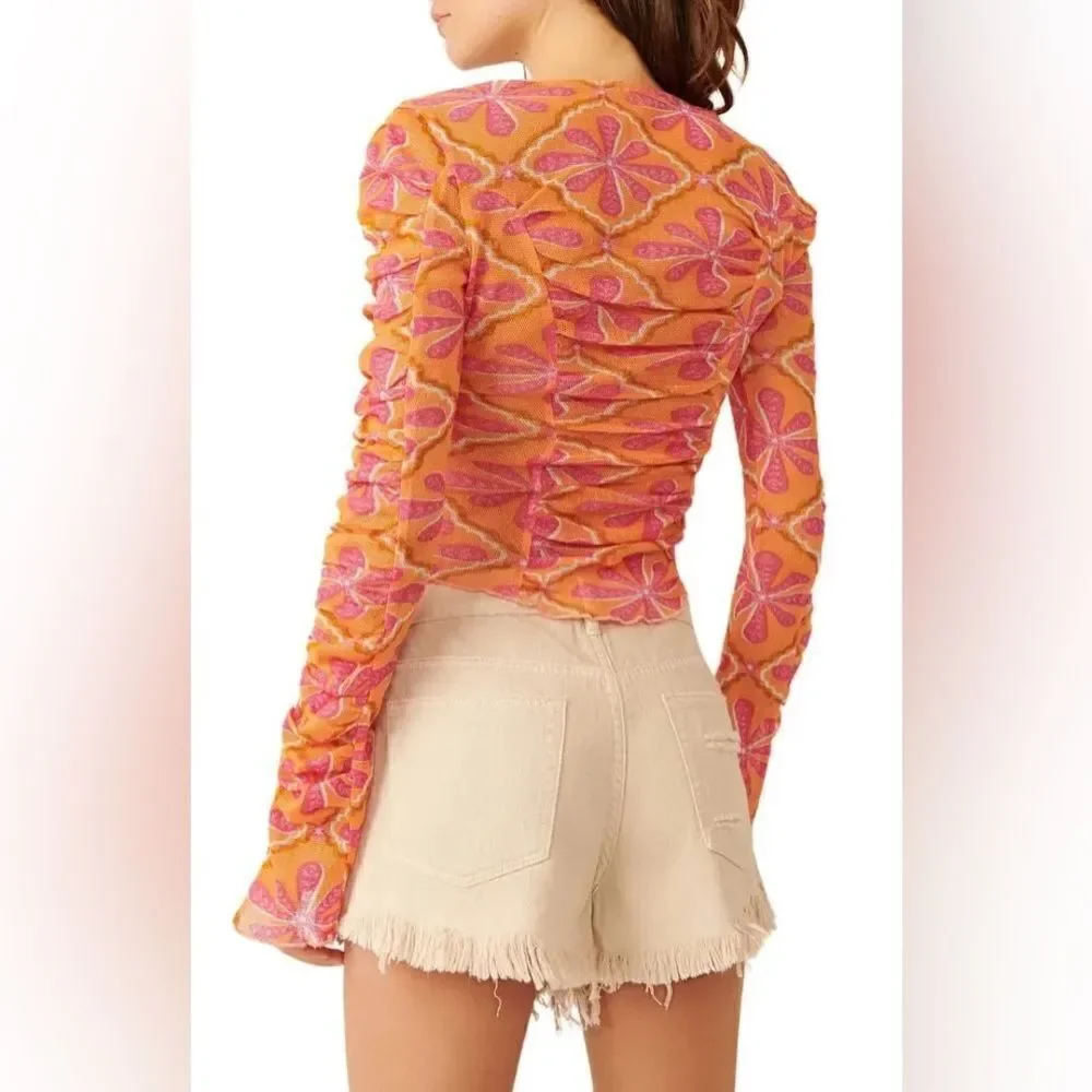 Free People NWT Through The Meadow Ruched Mesh Top in Grapefruit Seltzer size M